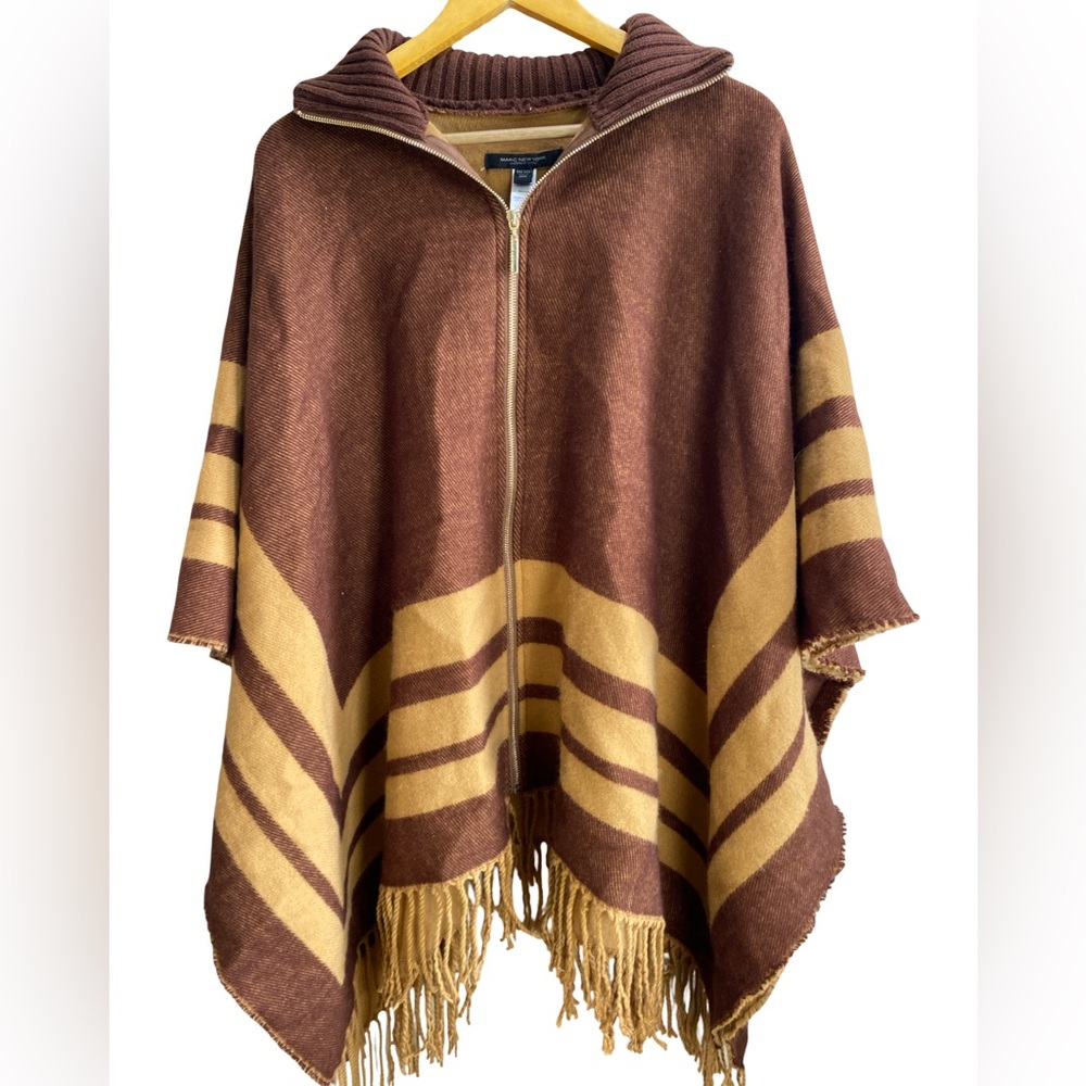 Mark New York Andrew Marc‎ Chevron Poncho Sweater Zip Front Fringe OS